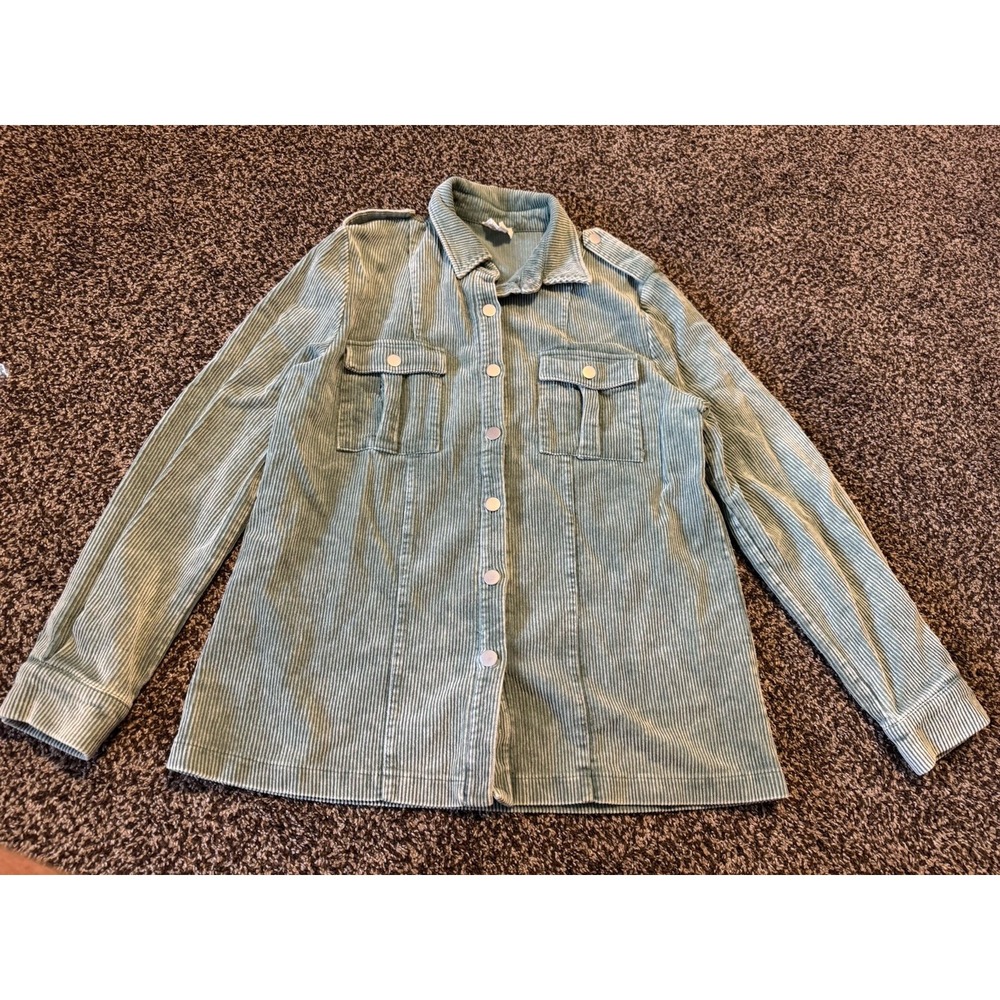 BiBi Corduroy Shacket Shirt Jacket Medium Green Sage Button Up Pocket Casual M